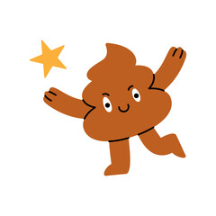 Cartoon poop character jumping up and playing with a shiny star, joyful and magical in a cute, fun scene. Vector illustration.