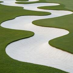 Winding White Sand Bunker Surrounded by Green Turf on a Golf Course, Golf course, sandtrap