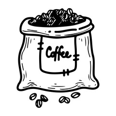 Bag of coffee beans. Hand drawn doodle vector. Fabric packaging. For brewing a drink at home and in a cafe. Beverage espresso, latte, cappuccino. Illustration line art element.