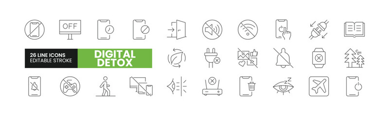 Set of 26 Digital Detox line icons set. Digital Detox outline icons with editable stroke collection. Includes No Phone, No Social Media, No WiFi, Environment, Airplane Mode, and More.