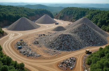 A bird's-eye view of a large landfill with different areas for different types of waste.