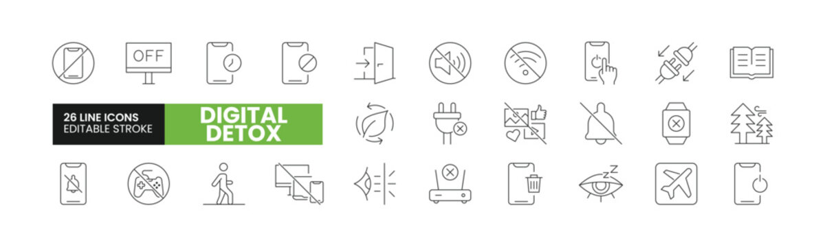 Set of 26 Digital Detox line icons set. Digital Detox outline icons with editable stroke collection. Includes No Phone, No Social Media, No WiFi, Environment, Airplane Mode, and More.