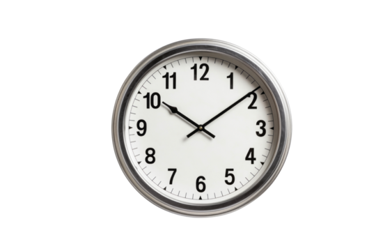 A simple, analog wall clock with a silver frame shows the time. background removed - Powered by Adobe