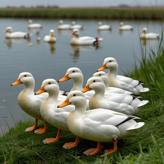Obraz premium White Pekin ducks gracefully swim and rest on the water near green grass and a lake