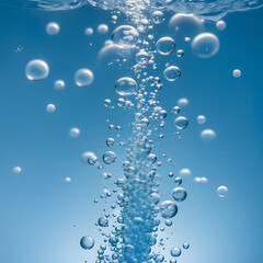 Close-up view of bubbles rising in clear blue water, natural aquatic background.