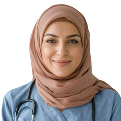 Smiling Muslim female doctor wearing a hijab and scrubs. background removed