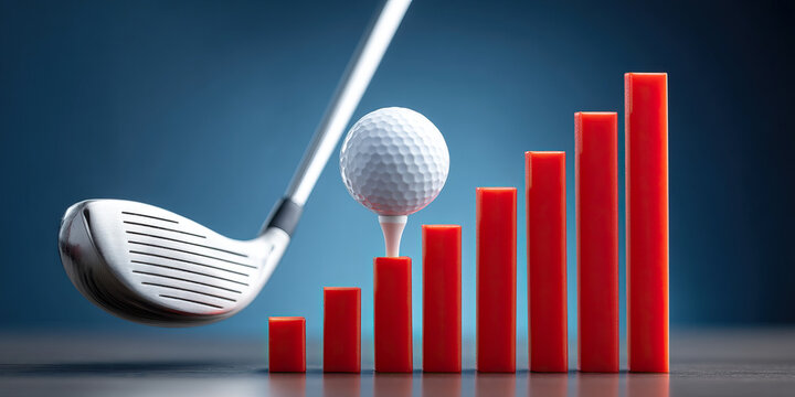 Golf ball on tee with golf club and red bar chart showing growth and success in business and finance - Powered by Adobe