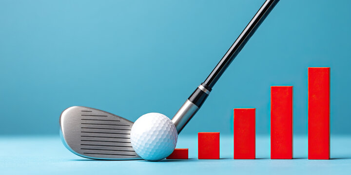 Golf club hitting golf ball with red bar chart showing growth and success in business and finance - Powered by Adobe
