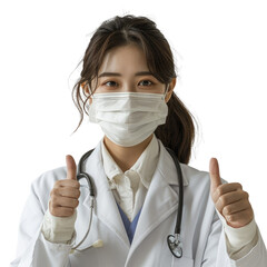 A female doctor wearing a mask gives thumbs up, showing support and care during the pandemic. background removed