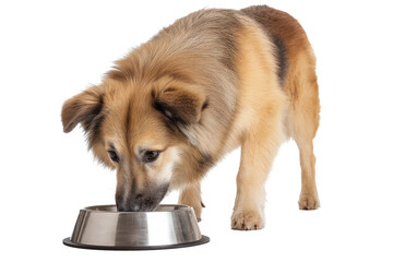 Brown dog eating from stainless pet bowl isolated on transparent background