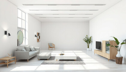 Modern Minimalist Living Room Design White Walls, Light Wood Accents, and Natural Elements