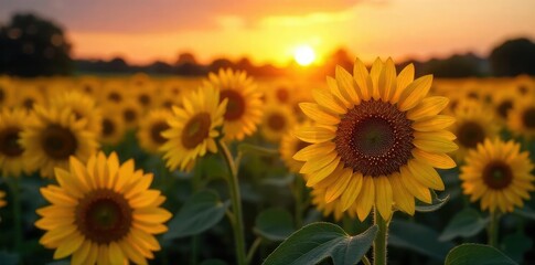 Close-up of a sunflower field at sunset, each bloom glittering with dew drops like tiny sparkling jewels A breathtaking display of nature's beauty , stem, sunflower seed