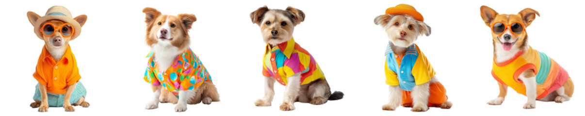 Adorable dogs in colorful summer outfits and sunglasses isolated on transparent background