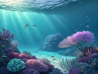 Obraz premium Submerged Coral Oasis: Experience the serene beauty of a vibrant coral reef ecosystem, where sunlight filters through the water. This underwater paradise is teeming with life.