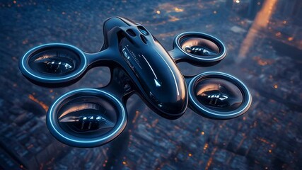 Futuristic air transport exploration of metropolitan skyline cityscape aerial view