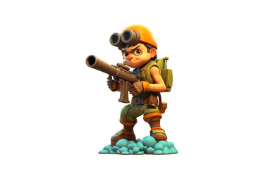A cartoon soldier, wearing a hardhat and backpack, holds a large gun. background removed
