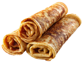 Three golden crepes are shown, rolled and stacked in a pile. These are isolated on a transparent background, ready for editing and composition