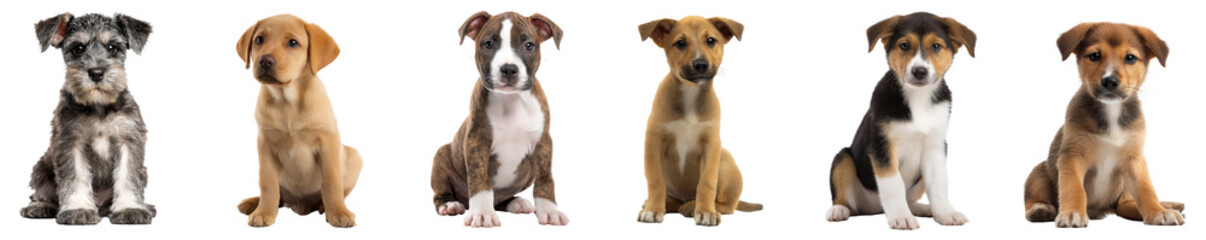 Set of cute puppies sitting in a row isolated on transparent background