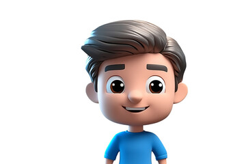 A cheerful 3D cartoon boy with short dark hair, wearing a blue shirt, looks friendly and happy. background removed