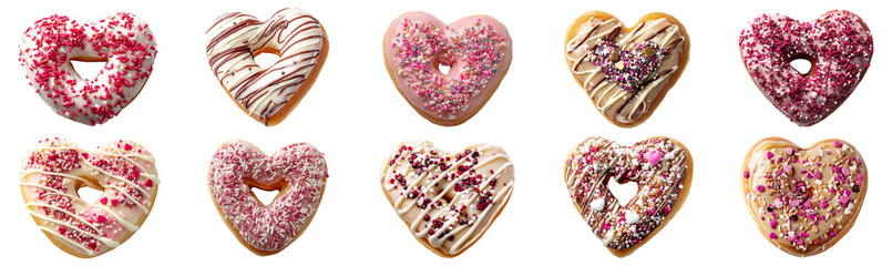 Set of valentine heart donuts with pink and chocolate icing and toppings from top view on white isolated on background