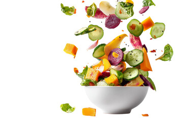 Vegetable salad ingredients flying out of white bowl isolated on transparent background