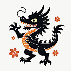 A vibrant and playful graphic of a traditional Chinese dragon, detailed with orange accents and surrounded by flowers, embodying good fortune and festive celebration.
