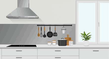 Modern kitchen interior with stove, cabinets, and kitchenware, flat vector illustration”