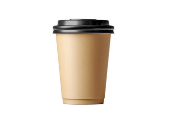 Brown paper coffee cup with black plastic lid isolated on transparent background
