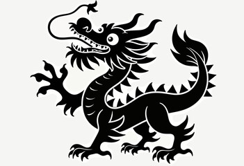 Obraz premium A powerful black silhouette of a traditional Chinese dragon in a classic pose, a symbolic representation of strength, good luck, and ancient mythology. 