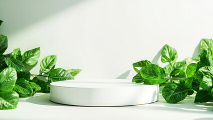 Fototapeta premium White round display platform with lush green leaves