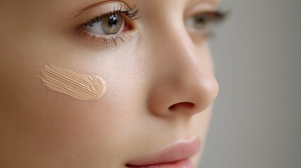 Fototapeta premium Close-up of a Young Woman's face with foundation swatch for makeup and beauty concepts