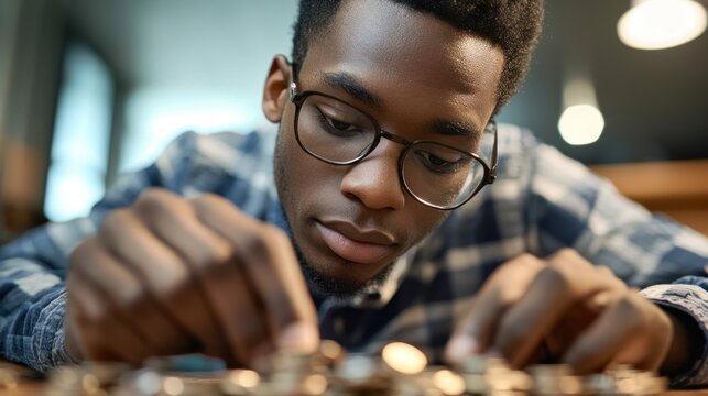 Focused young person meticulously working on a small electronic device, possibly a circuit board or clock mechanism