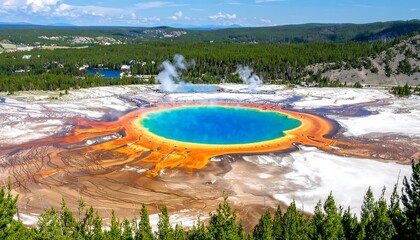 Grand Prismatic Spring panorama showcases vivid colors and geothermal activity on a bright sunny day