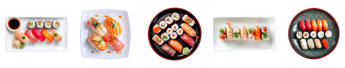 Set of sushi sets with nigiri, rolls, and dipping sauce on plates from top view isolated on transparent background