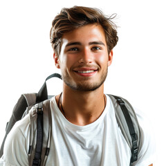 A smiling young man with brown hair wearing a white t-shirt and backpack. background removed
