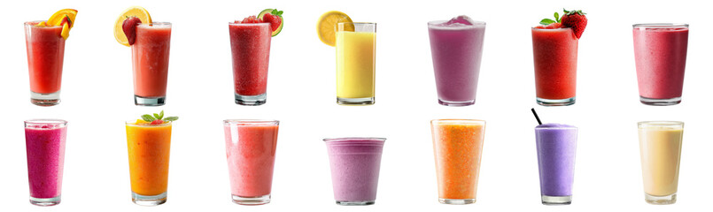 Set of colorful fruit smoothies in frosty clear glasses with tropical garnish isolated on transparent background