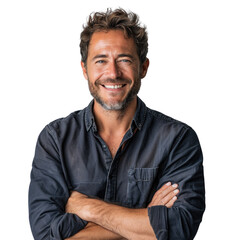 A smiling man with brown hair and beard, wearing a dark blue shirt, arms crossed. background removed