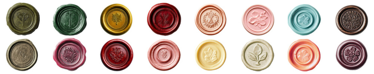 Wax seals in botanical and antique with colorful finishes isolated on transparent background