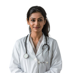 Portrait of a confident female doctor in a white coat, stethoscope around her neck. background removed