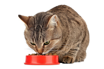 Brown tabby cat eating dry pet food from red bowl isolated on transparent background