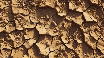 Close-up of cracked dry earth surface with natural patterns of desert soil showing signs of drought, climate change, and environmental degradation.