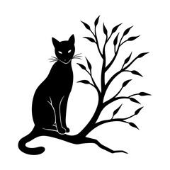 Silhouette of a black cat sitting on a tree branch with leaves design