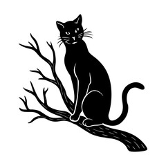 Black cat sitting on a bare branch looking forward with a curled tail