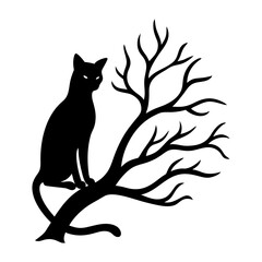 Silhouette of a black cat perched on a bare tree branch in the night