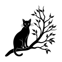 A silhouette of a black cat sitting on a branch with leaves around it