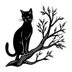Silhouette of a cat perched on a stylized tree branch with leaves art