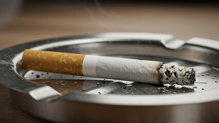 Isolated close-up of a toxic cigarette butt on a white background, highlighting the dangers of smoking and nicotine addiction