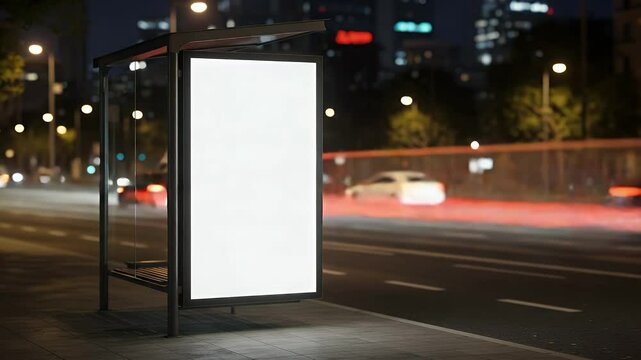 Empty billboard on a city bus stop at night