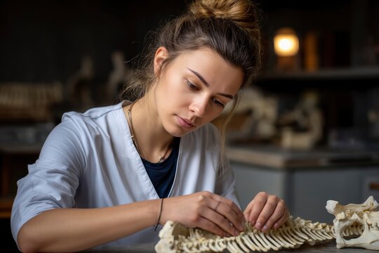 A woman in a lab coat examines a skeleton vertebrae on a table