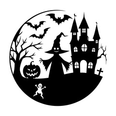 Halloween scene with haunted house witch bats pumpkin and small ghost